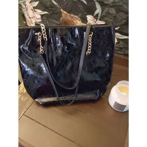 MICHAEL KORS Jet Set Black Gold Chain Tote Patent Leather Shoulder Bag Purse